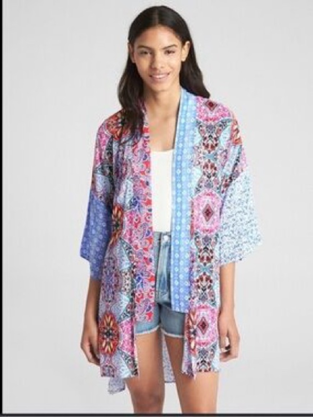 GAP Blue and Pink Printed Open-Front Kimono Jacket